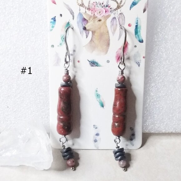 Red Jasper & Hematite - Elegant Dangle Earrings - Healing Stones - Long Version - Picture 2 of 6